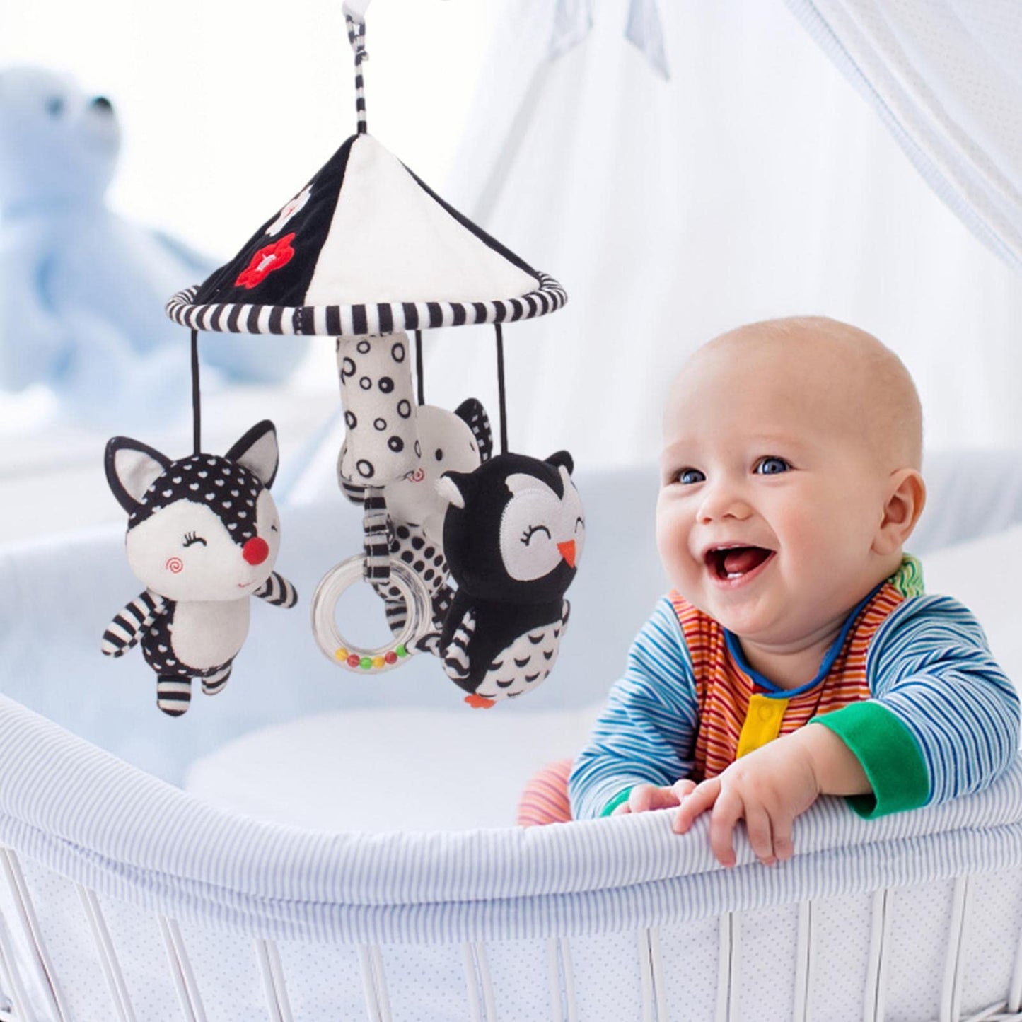 Cuna móvil – Chupete móvil en blanco y negro | Cuna portátil decoración la selva juguetes reconfortantes peluche búho elefante muñeca recámara decoración cabina Sritob