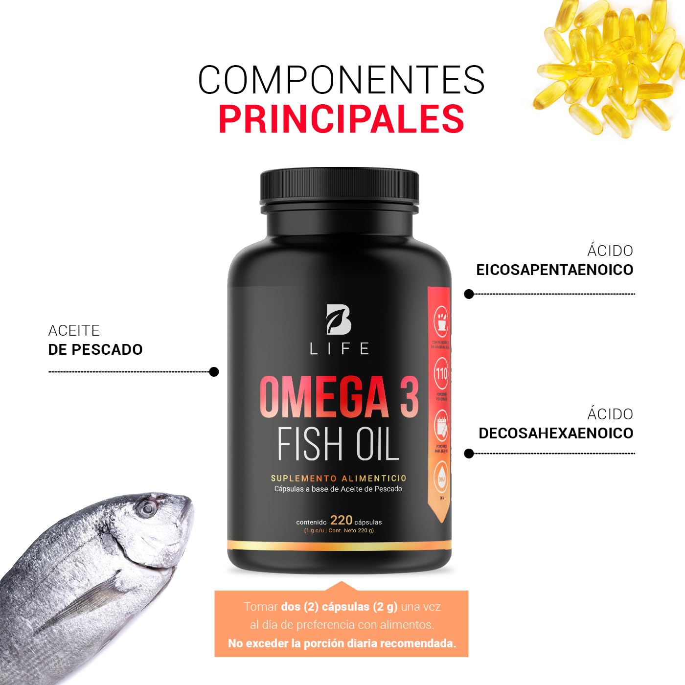 Aceite de Pescado Omega 3 B Life 220 Cápsulas Naturales