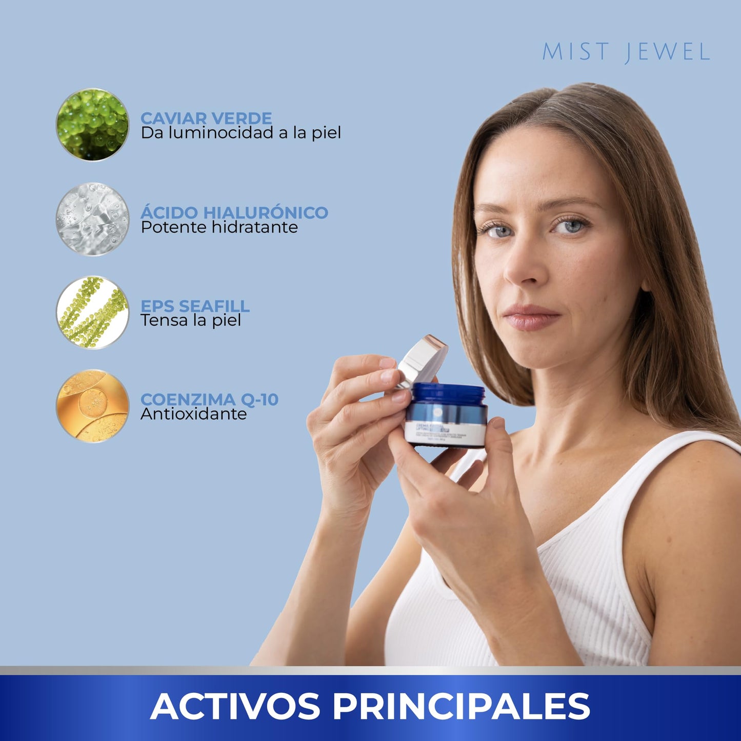MIST JEWEL Crema TENS-UP Facial con Postbióticos marinos, Ácido Hialurónico, Caviar Verde y Q10 | Crema tensora efecto lifting e hidratante de cuidado facial para uso de día y noche skin care hombre y mujer. Todo tipo de piel 50g