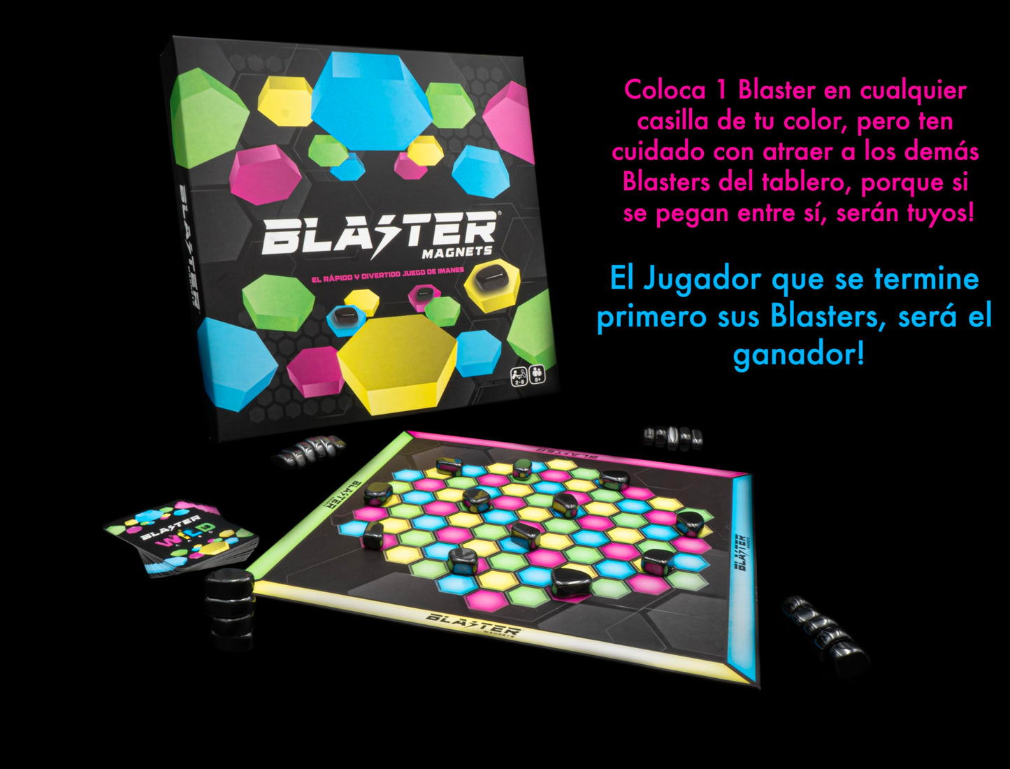 Blaster Magnets Juego de Mesa Original Juego de Imanes Que te atrapará! Ajedrez magnético, 32 Piedras magnéticas! Tablero de Colores,12 Cartas, 2 a 8 Jugadores, Fiestas, Familiar, Estrategia.