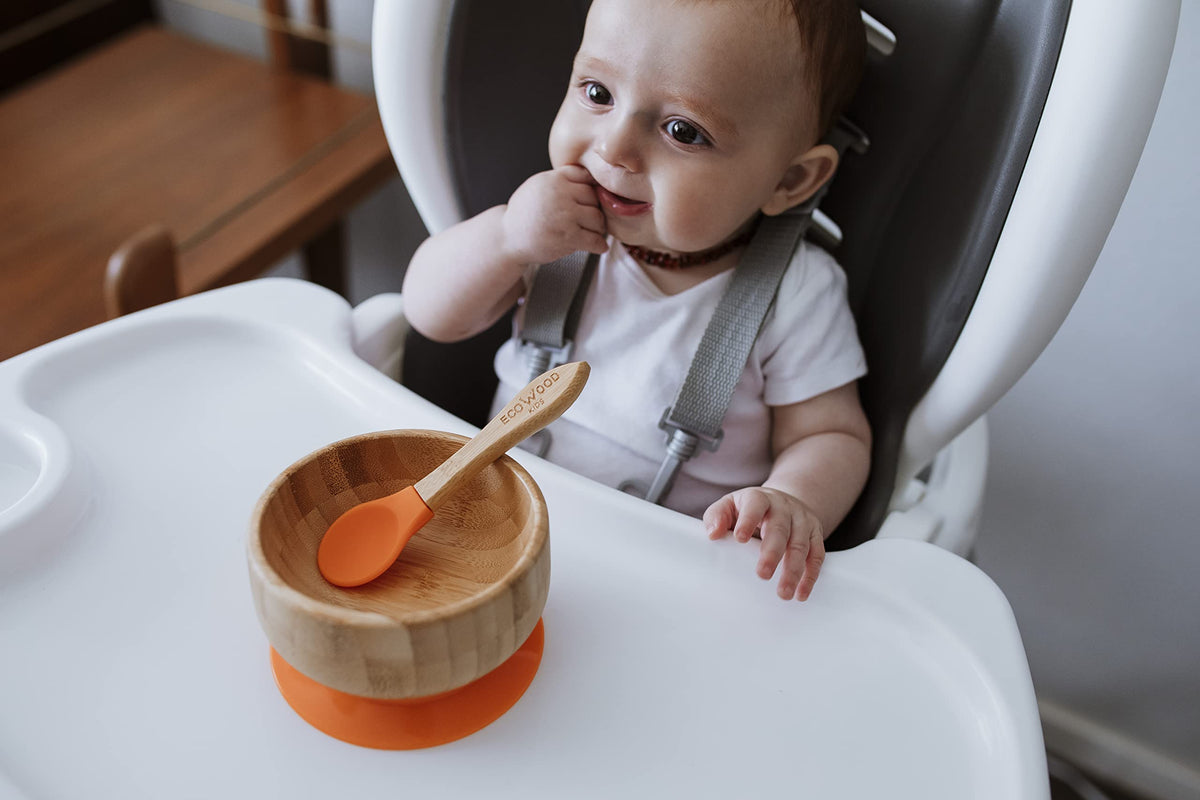 Ecowood® Tazón/Plato Hondo/Bowl de Bambú para Bebe y Niño - Con Base de Silicona Succión Adherente y Antiderrapante (Naranja)