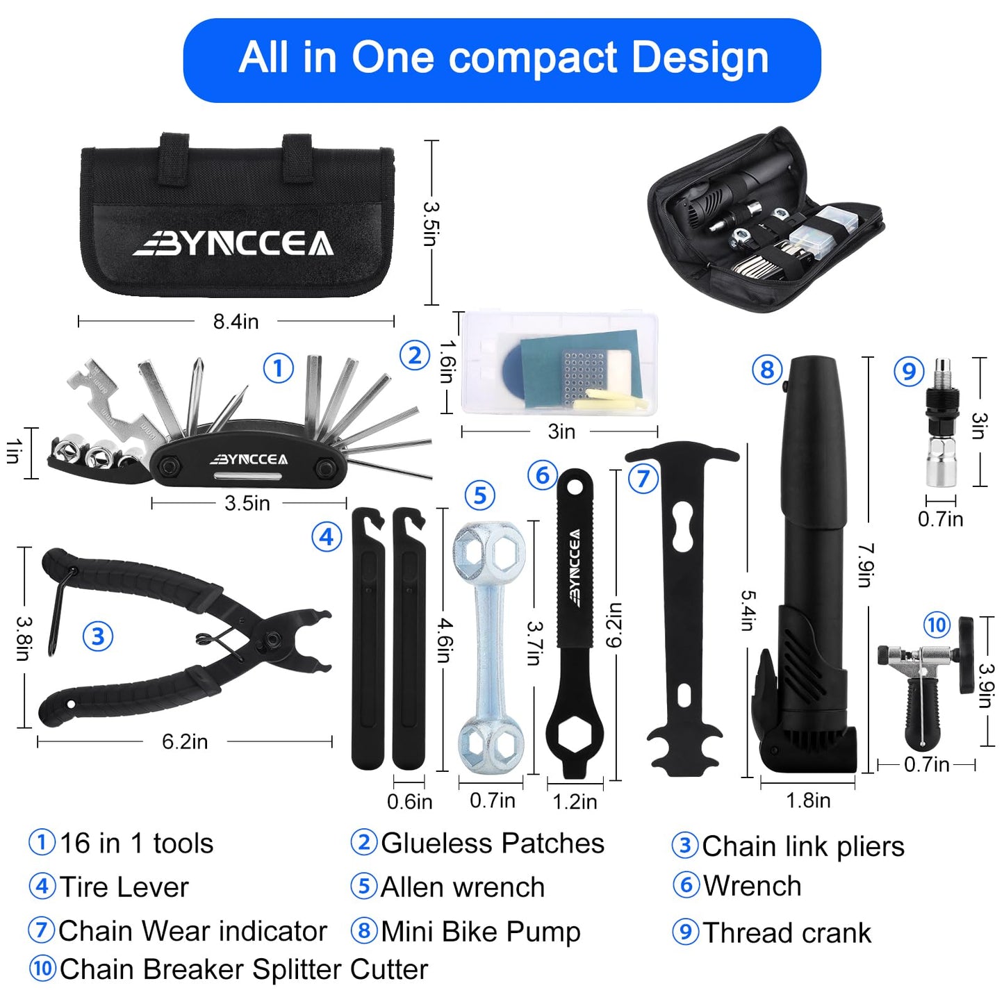 Bynccea - Kit de herramientas de reparación de neumáticos de bicicleta con bomba de neumáticos, bolsa de reparación portátil de bicicleta, herramientas de reparación de parches de palanca de