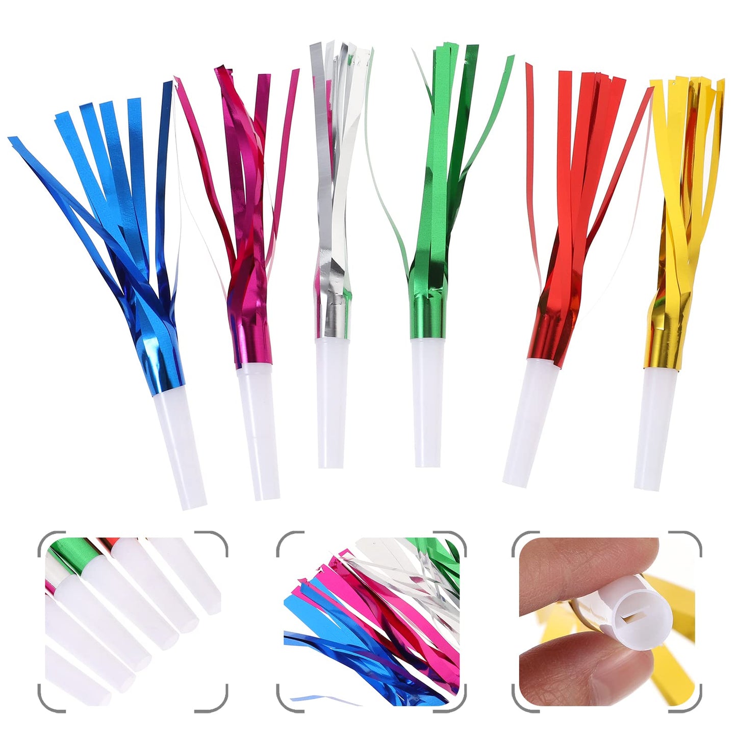 jojofuny 24 juguetes para hacer ruidos, sopladores de fiesta coloridos, silbatos metálicos con flecos de purpurina, fabricantes de ruido, juguetes de de cumpleaños (color mezclado)