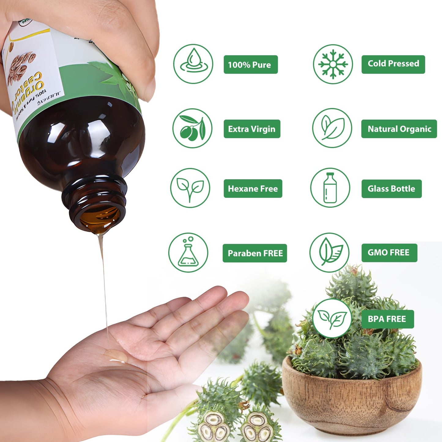 Aceite de Ricino Orgánico Estimulante Crecimiento Natural Cabello Pestañas Cejas Hidratante 120ml