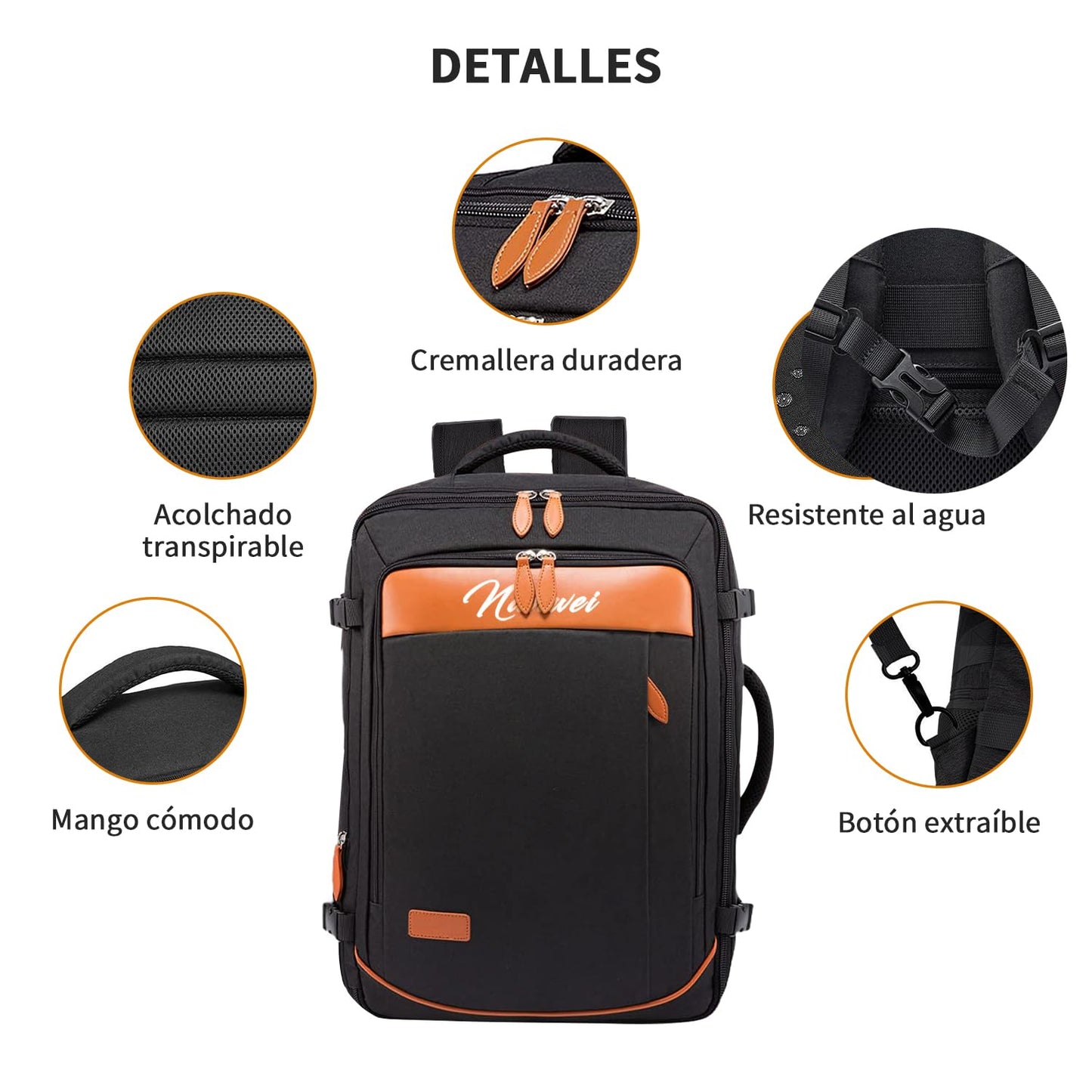 Juego de mochila de viaje de 5 piezas, mochila de equipaje certificada por vuelo extra grande 40 L, maleta expandible con 4 bolsas de almacenamiento, mochila de negocios impermeable, unisex (Negro)