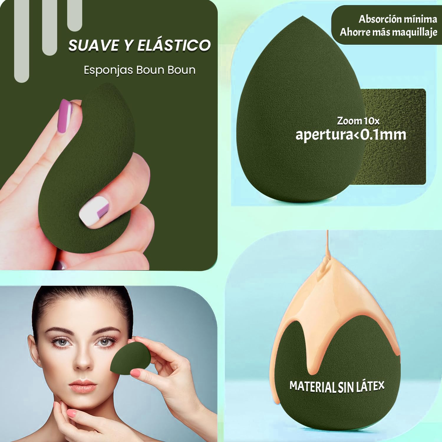 Set de 8 esponjas de maquillaje en 3 formas | Beauty Blender para aplicación en piel seca y húmeda | Esponjas faciales de maquillaje en color verde | Kit profesional para maquillaje completo