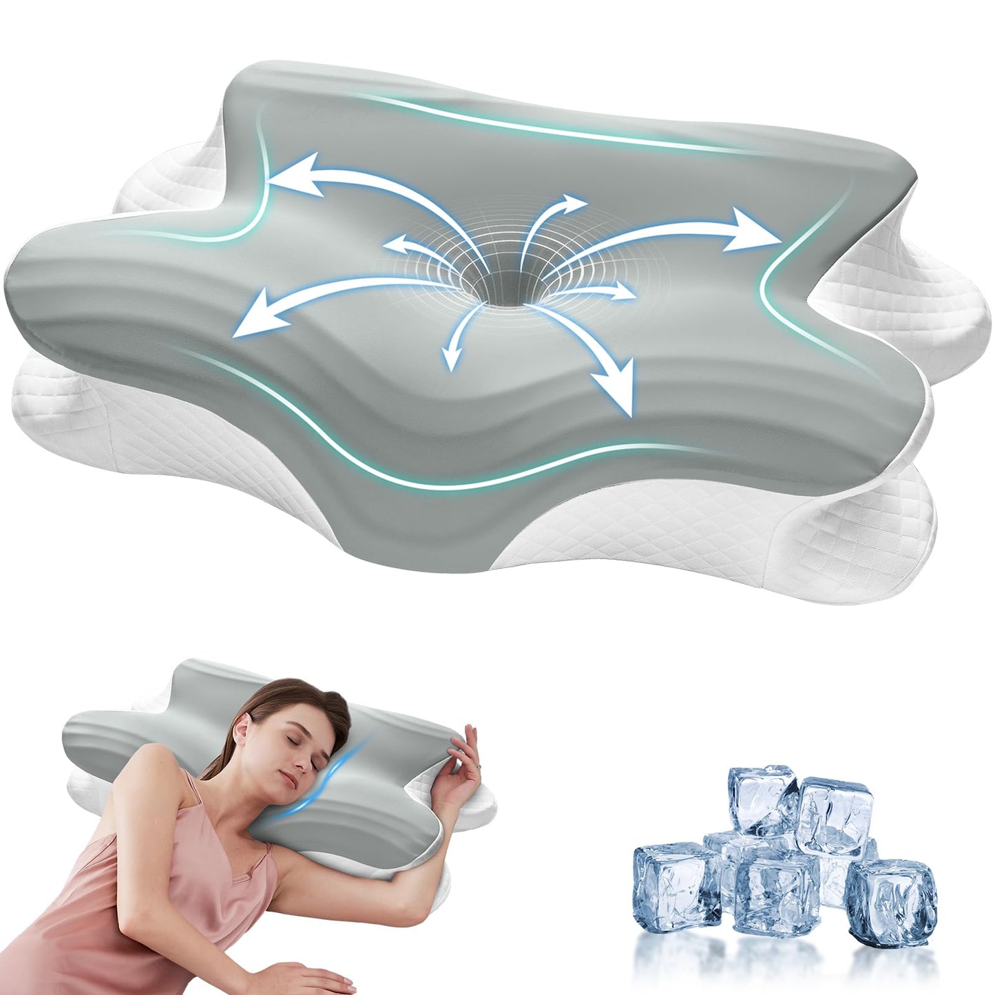 KIROGILY Almohada Cervical, Almohada Memory Foam para Aliviar el Dolor de Cuello, Almohada Ortopédica para Quienes Duermen de Lado, Boca Arriba y Boca Abajo, con Funda de Almohada (Gris)