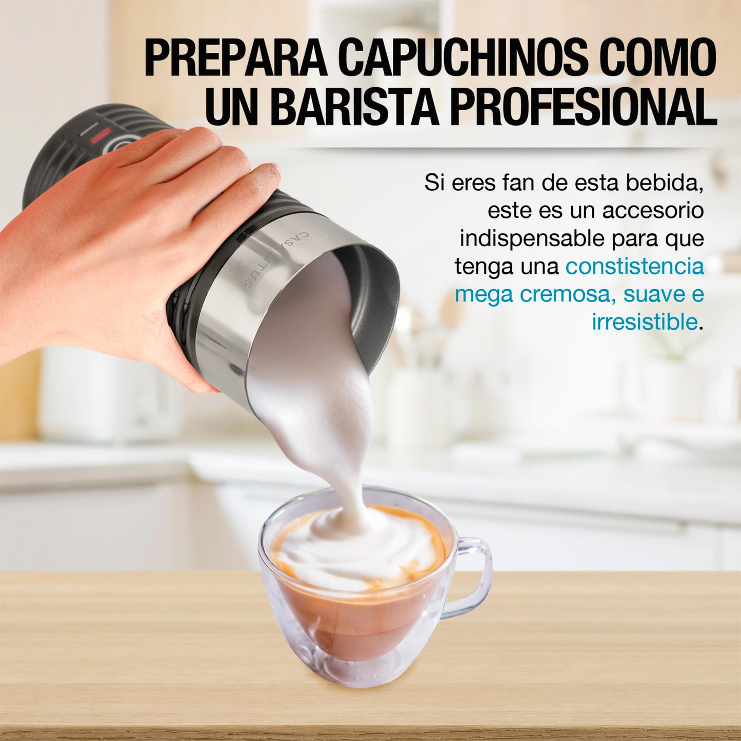 CASA LITUS Espumador de Leche Eléctrico Profesional de Acero Inoxidable (190 ml), Calienta y Espuma en Segundos, Batidora para Capuchino, Latte, Matcha y Chocolate, Leche Caliente y Fría, Mod. Beirut