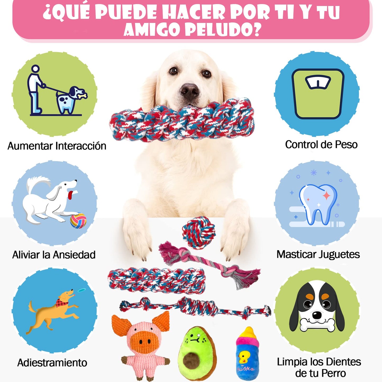 DKJBF Juguete de Cuerda para Masticar Perros,Juguetes para Perro 7 Piezas,Juguetes para Perros chirriadores no tóxicos y Seguros,Juguetes duraderos para la dentición de Cachorros(Cerdito)