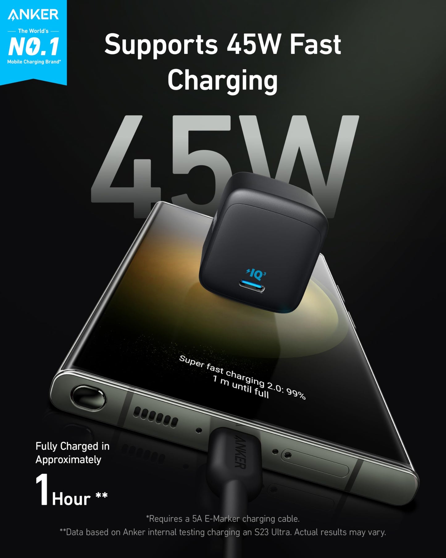 Anker Cargador 313 USB C, 45W con Carga rápida 2.0, para Samsung Series, iPhone Series, Andriod Series