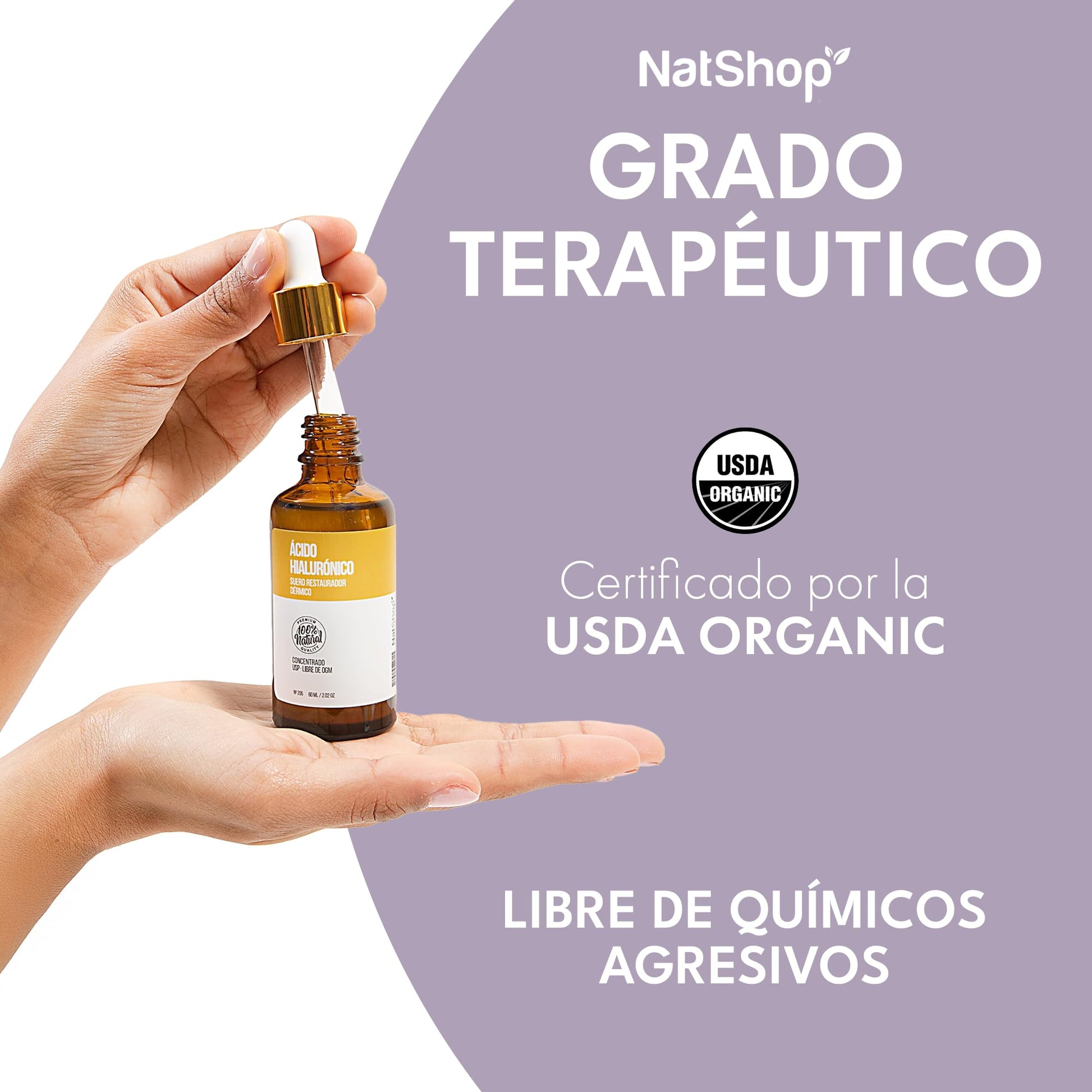NATSHOP | Suero de Ácido Hialurónico 100% Natural - Fórmula Ligera y de Rápida Absorción - Libre de Parabenos y Químicos Agresivos | Skin Care para Rutina de Día y Noche - Skincare Facial 60ml