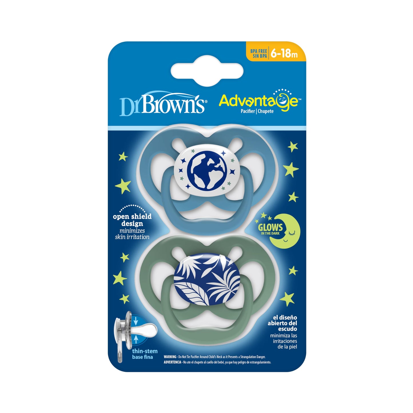 Chupete Dr. Brown's Advantage Azul que Brilla en la Oscuridad 6-12 Meses 2 Piezas