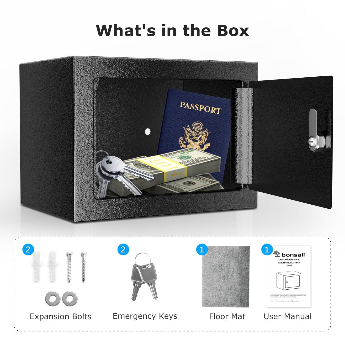 Bonsaii Caja de seguridad con cerradura de llave, caja de seguridad de acero, 0.23 pies cúbicos, 9.0 pulgadas de ancho x 6.7 pulgadas de profundidad x 6.7 pulgadas de alto, pequeña caja de seguridad