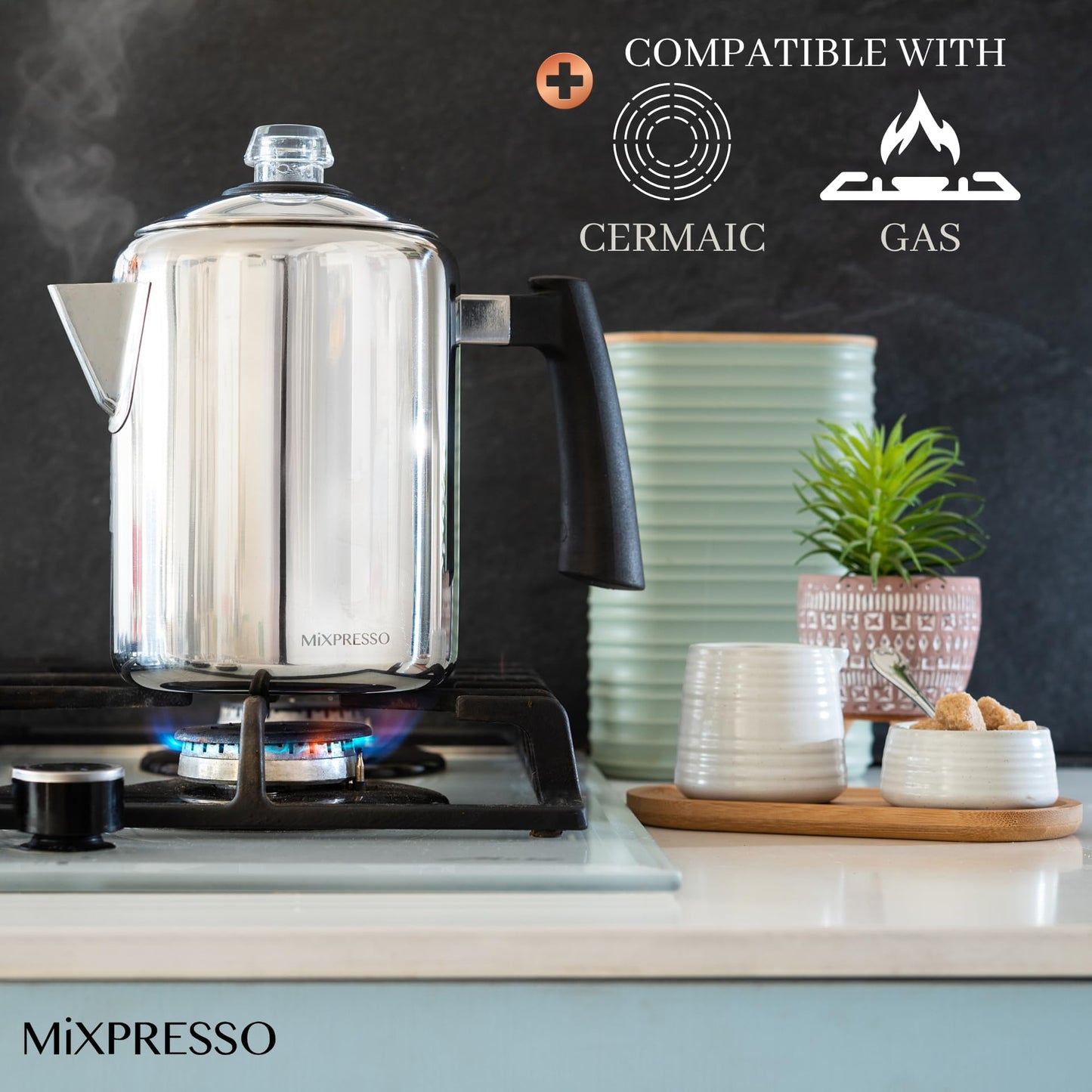 Mixpresso - Cafetera percoladora de acero inoxidable, excelente para camping, cafetera de 5 a 8 tazas