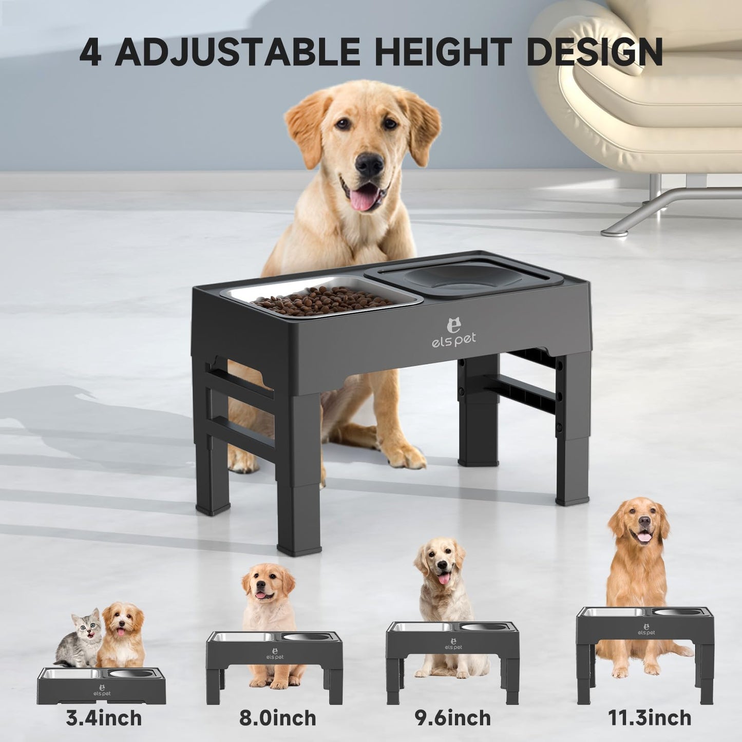 ELS PET - Cuencos elevados para perros, cuencos elevados ajustables con tazón de agua para perros sin derrames y tazón de acero inoxidable/alimentador lento, soporte para cuencos para perros pequeños,