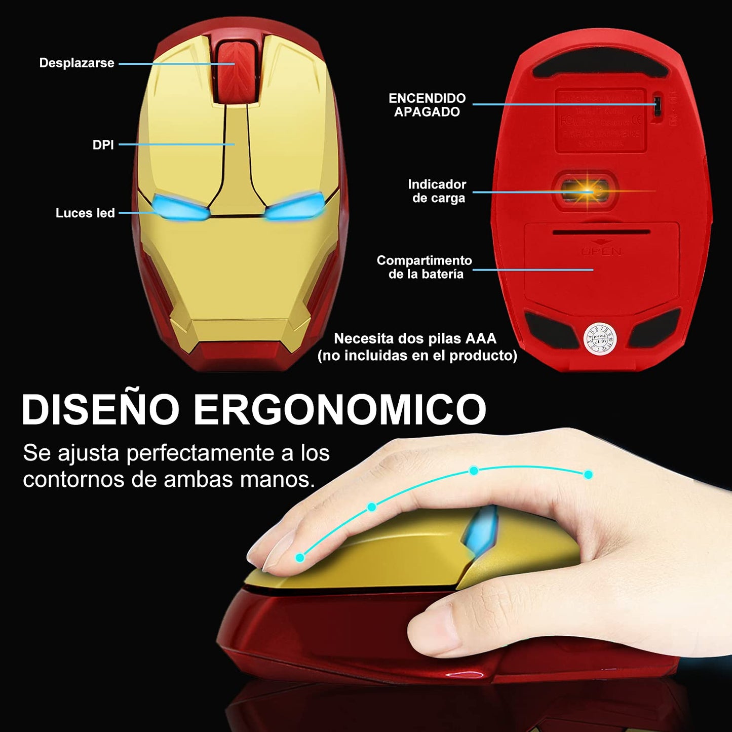 Iron Man Mouse inalámbrico para gamers,Mouse óptico inalámbrico y súper silencioso de 2.4 Ghz con luz LED ideal para agarre ergonómico,con Receptor USB y 3(600/1200/1600)Ajustable DPI Ratón,(dorado)