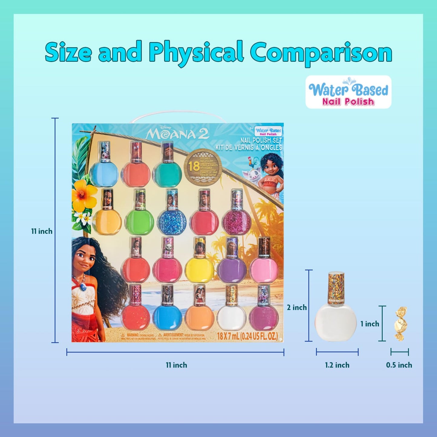 Moana 18 piezas base de agua seguro kit de esmalte de uñas de secado rápido | Juego de pintura de uñas para regalo de cumpleaños para niñas, colores brillantes y opacos| Niños mayores de 3 años