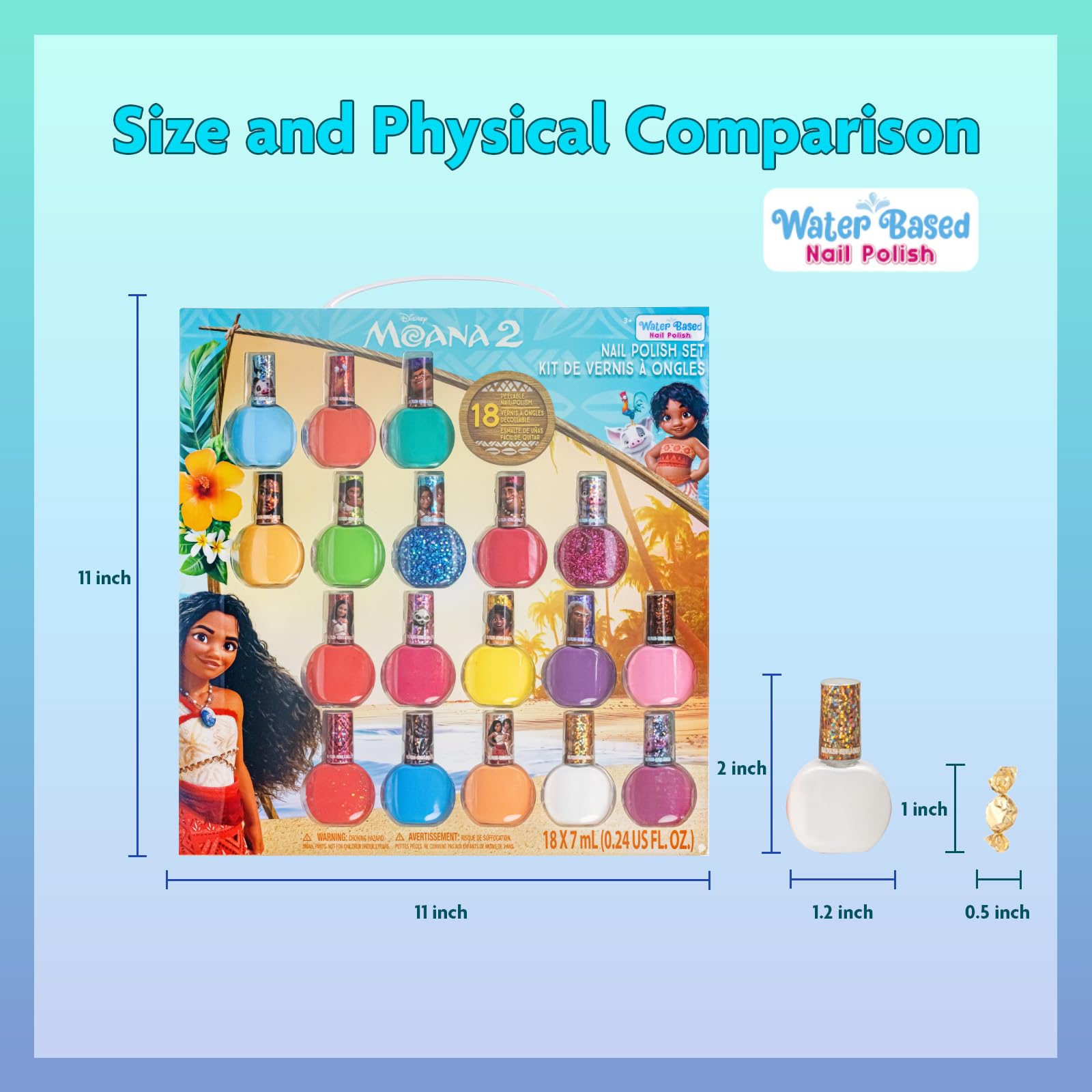 Moana 18 piezas base de agua seguro kit de esmalte de uñas de secado rápido | Juego de pintura de uñas para regalo de cumpleaños para niñas, colores brillantes y opacos| Niños mayores de 3 años