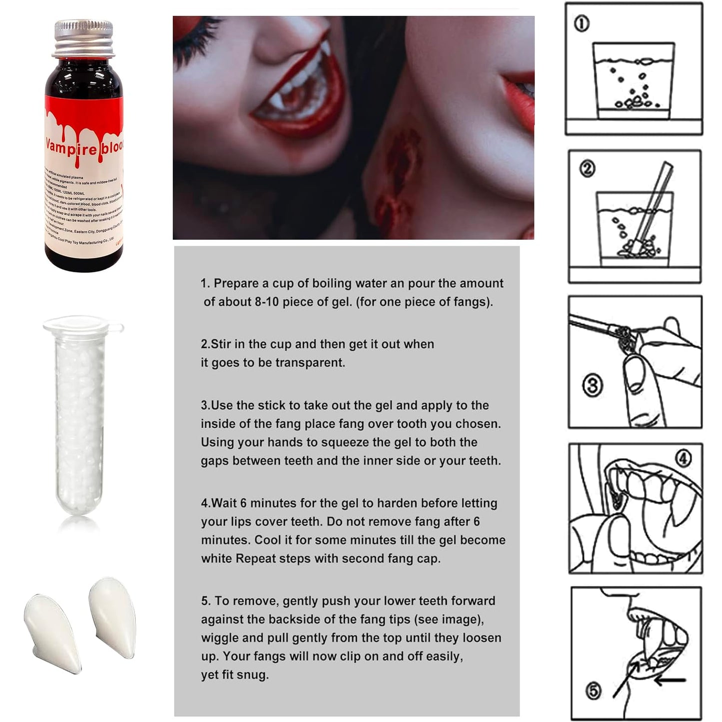 Dientes de Vampiro Svevno Blanco y Rojo con Adhesivo para Halloween