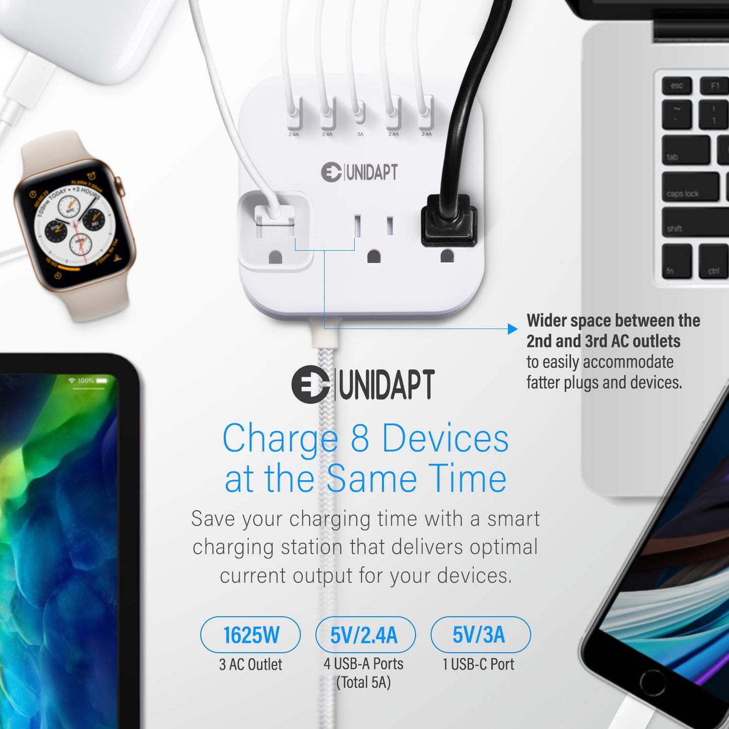 Adaptador de Enchufe Europeo Unidapt Blanco con USB C y 4 Puertos USB, Extensión de 5 Pies