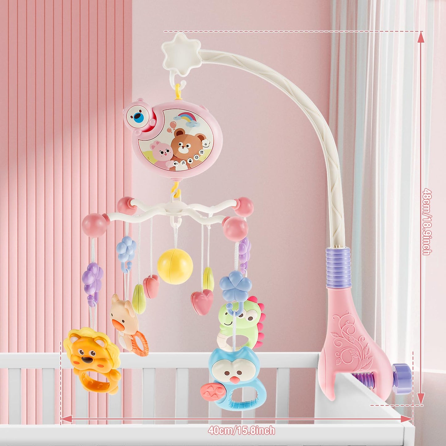 Móvil para cuna musical, juguetes colgantes para cuna con música y luces nocturnas, móvil para cuna de bebe rotación de 360° para bebé, regalo para recién nacidos (rosa)