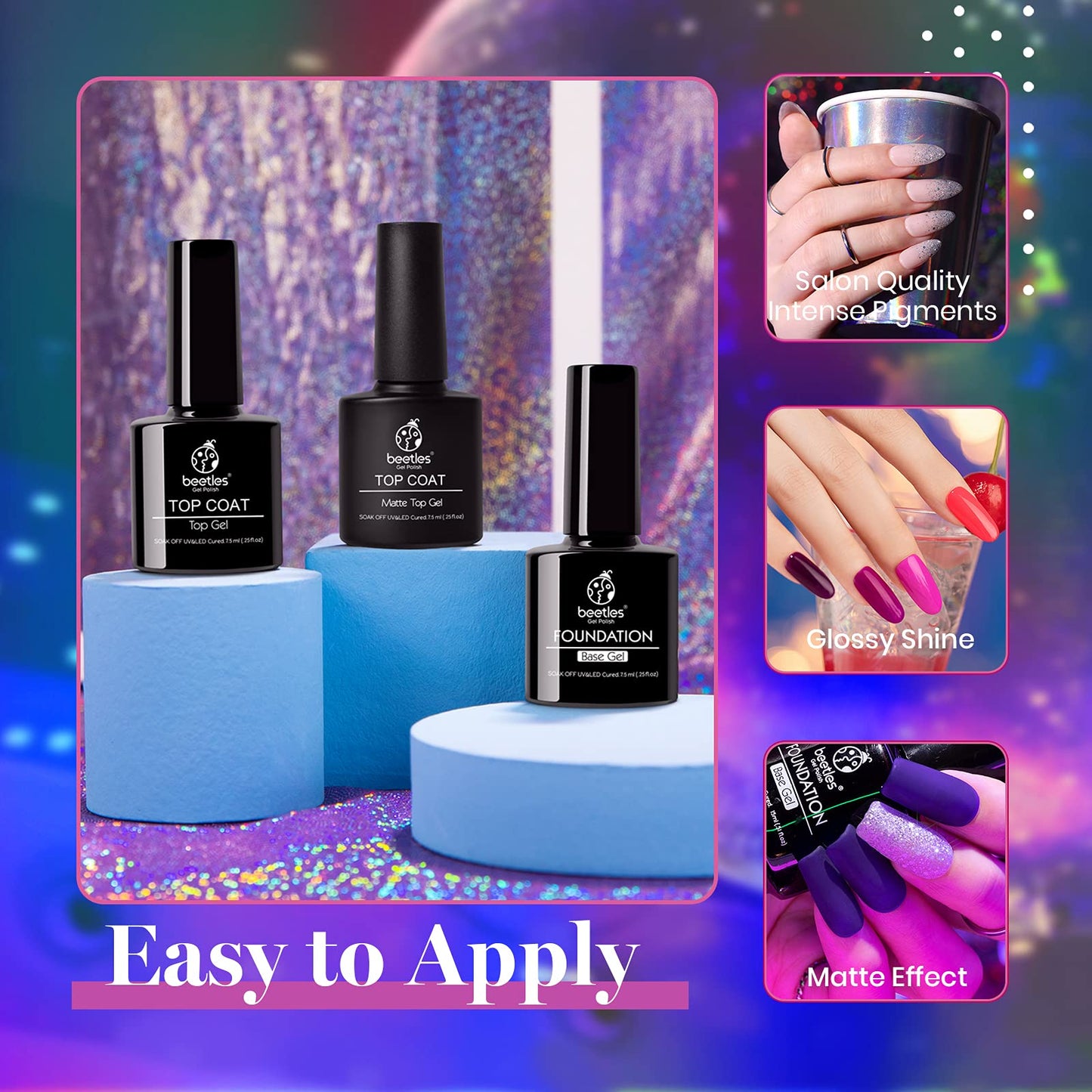 Beetles 20 Gel Nail Polish Kit, with Glossy & Matte Top Coat and Base Coat, 4 Glitters and 2 Nail Art Brushes, Midnight Euphoria Collection Soak Off Popular Nail Art Gel Polish Set
