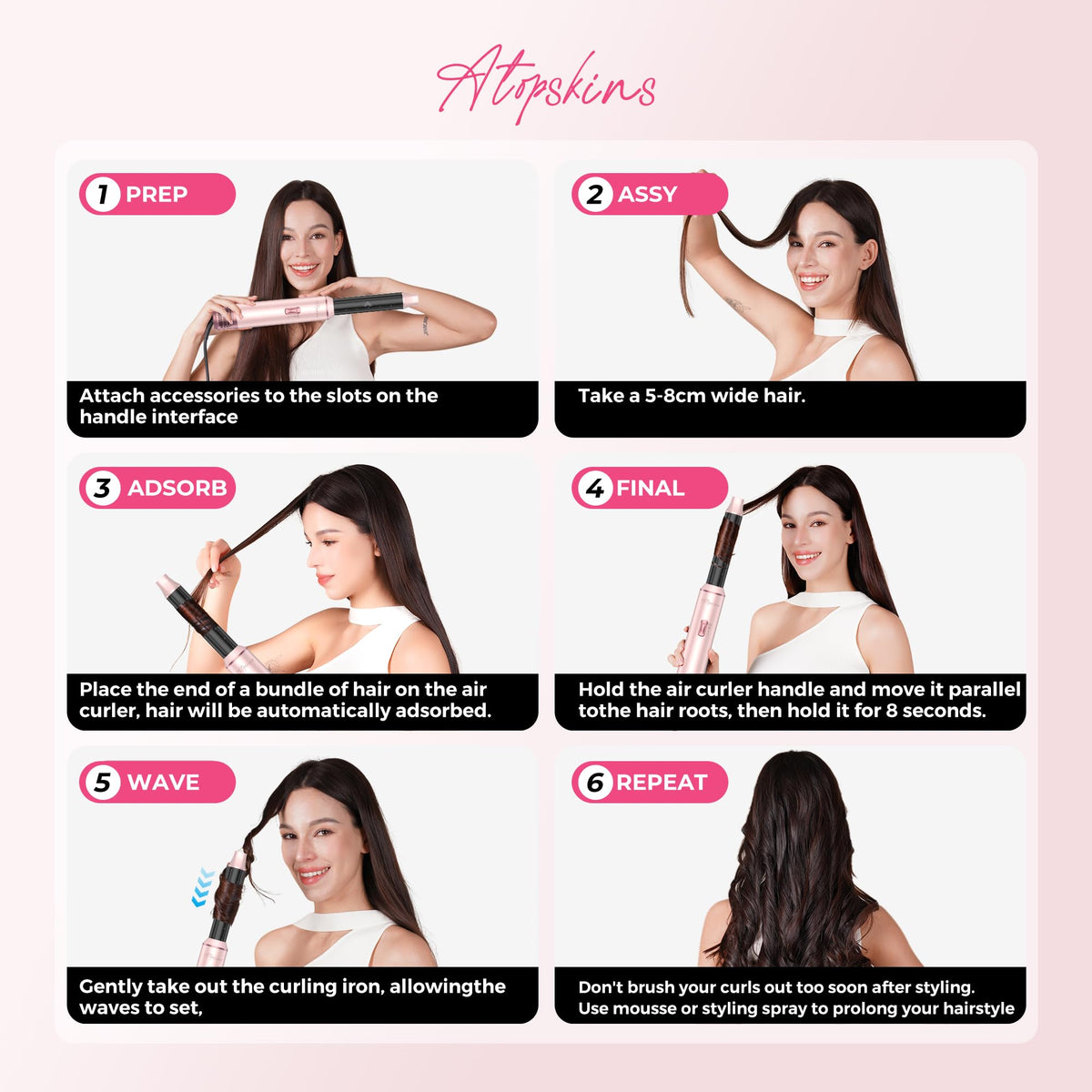 Cepillo Secador de Pelo 5 en 1 Atopskins Negro con Peinado Iónico Automático