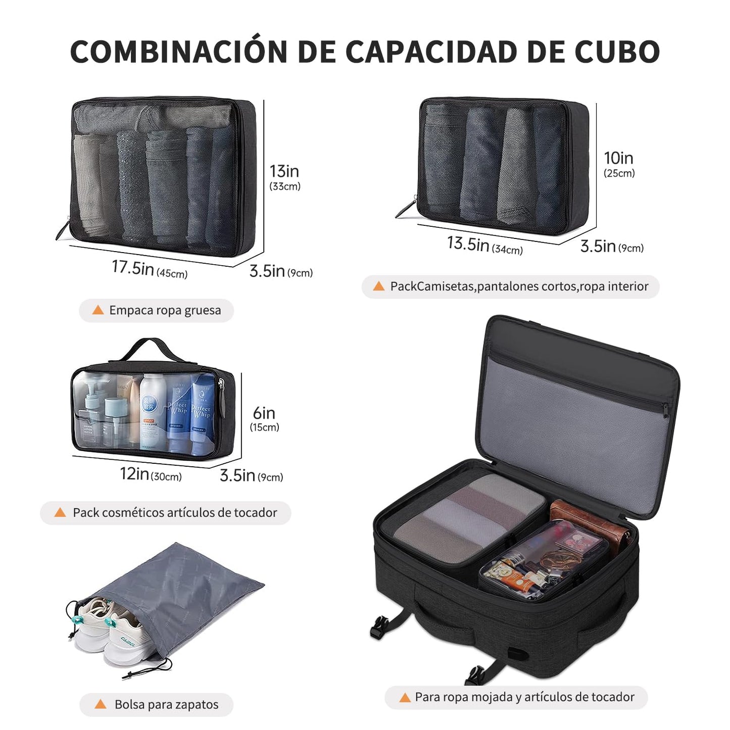 Juego de mochila de viaje de 5 piezas, mochila de equipaje certificada por vuelo extra grande 40 L, maleta expandible con 4 bolsas de almacenamiento, mochila de negocios impermeable, unisex (Negro)