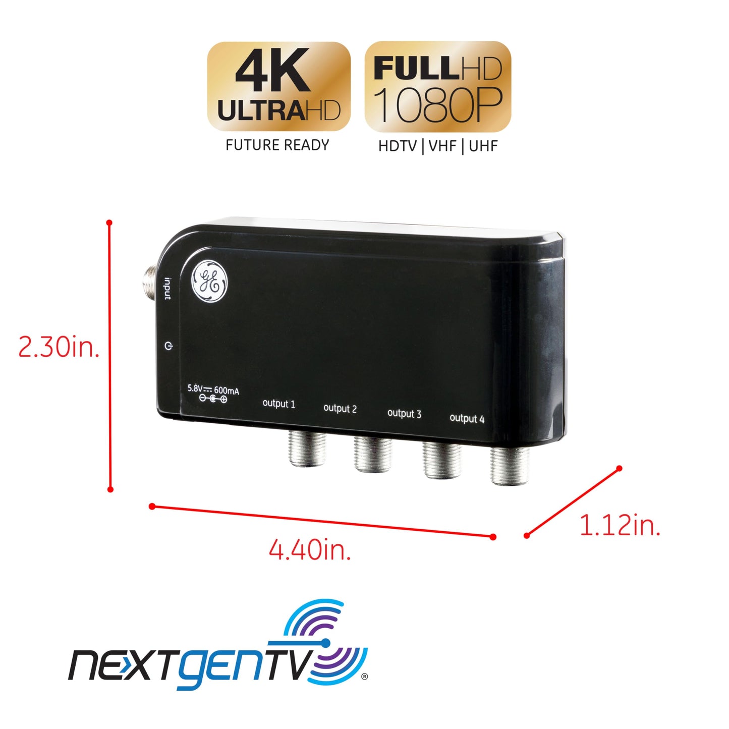 GE Divisor de Amplificador de Antena de TV de 4 vías, Ilumina la Baja Intensidad, distribuye la señal a Varios televisores, Amplificador de señal 34479