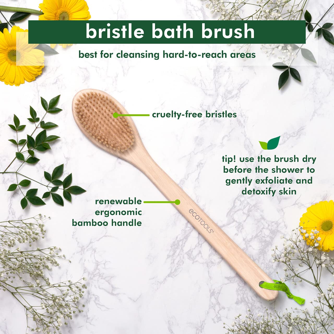 ECOTOOLS, Cepillo para Baño, Bristle Bath Brush, Cerdas Sintéticas Suaves, Mango Ergonómico, Exfoliación Delicada