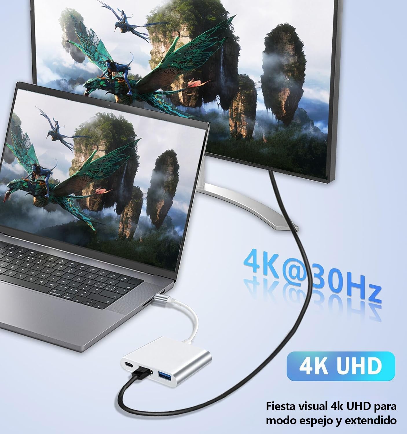 Adaptador USB C a HDMI YOU ER MEI Plateado Multipuerto Tipo C con Salida 4K y Puerto de Carga Certificado para Mac Air y Surface