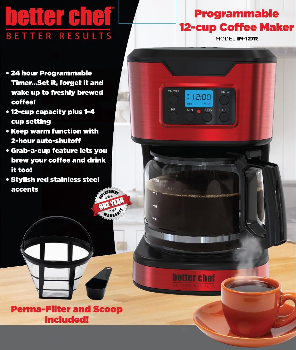 Better Chef - Cafetera programable de 12 tazas | Ajuste de 1 a 4 tazas | Pausa automática para servir | 2 horas Mantener caliente | Filtro permanente | Acero inoxidable
