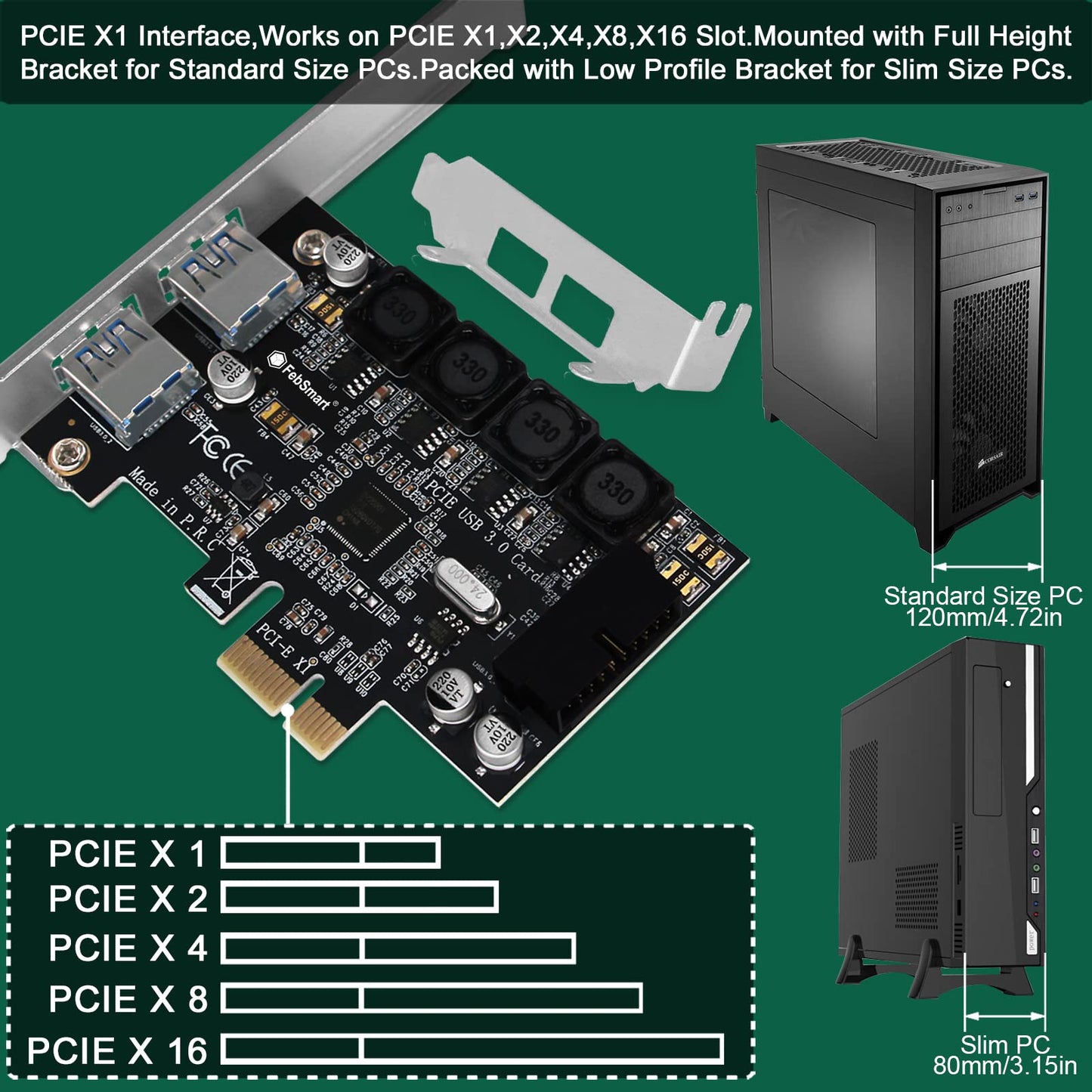 FebSmart 1 cabecera USB 3.0 de 19 pines y 2 puertos USB-A PCIE USB 3.0 tarjeta de expansión de 5 Gbps para PC de escritorio Windows y Linux, tecnología autoalimentada integrada, sin necesidad de fuente de alimentación adicional (FS-HA-Pro)