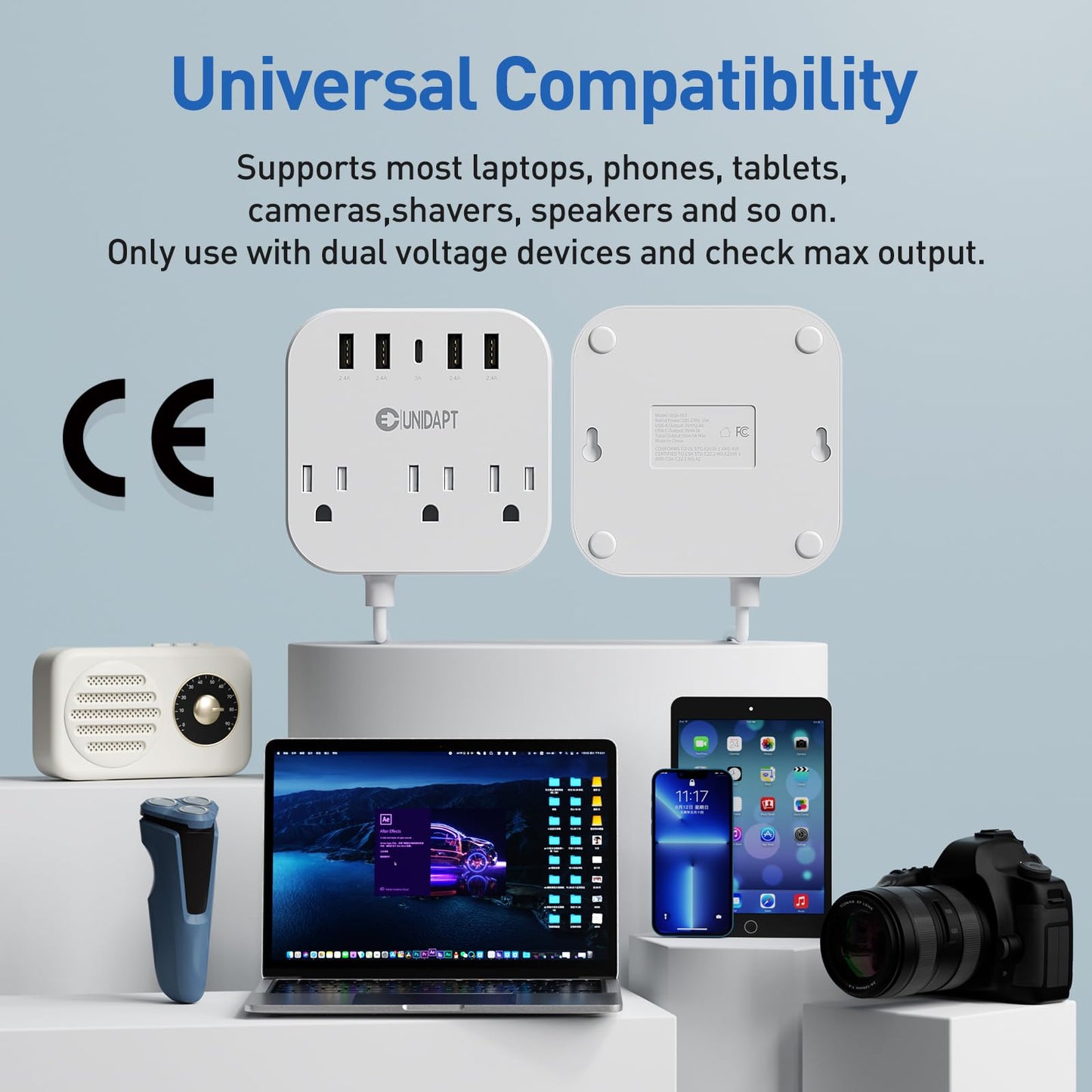 Adaptador de Enchufe Europeo Unidapt Blanco con USB C y 4 Puertos USB, Extensión de 5 Pies