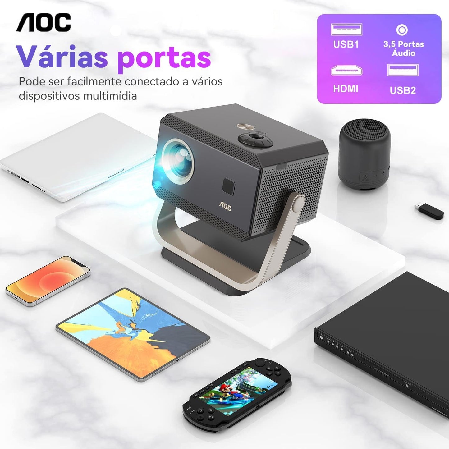 AOC Proyector 4K portátil Full HD, Enfoque automático/correção Keystone/ângulo ajustável, com WiFi6 e Bluetooth, 15000 lúmens, compatível com IOS/Android/PC/PS4/PS5 para trabalho e jogos