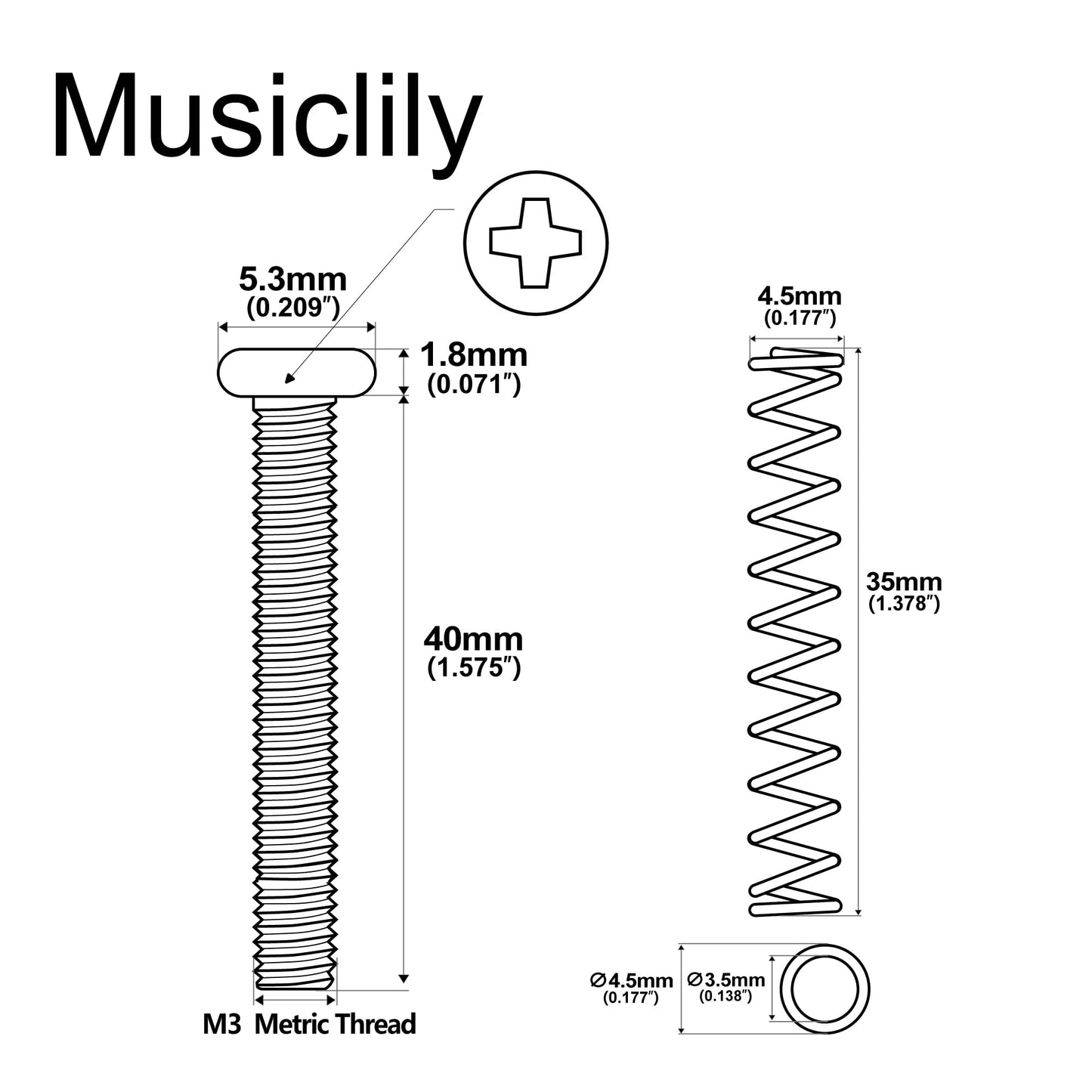 Musiclily Pro Métrico M3X40mm Acero Tornillos de Entonación Silleta e Muelle para Guitarra Eléctrica Bajo Import, Negro(Set de 6)