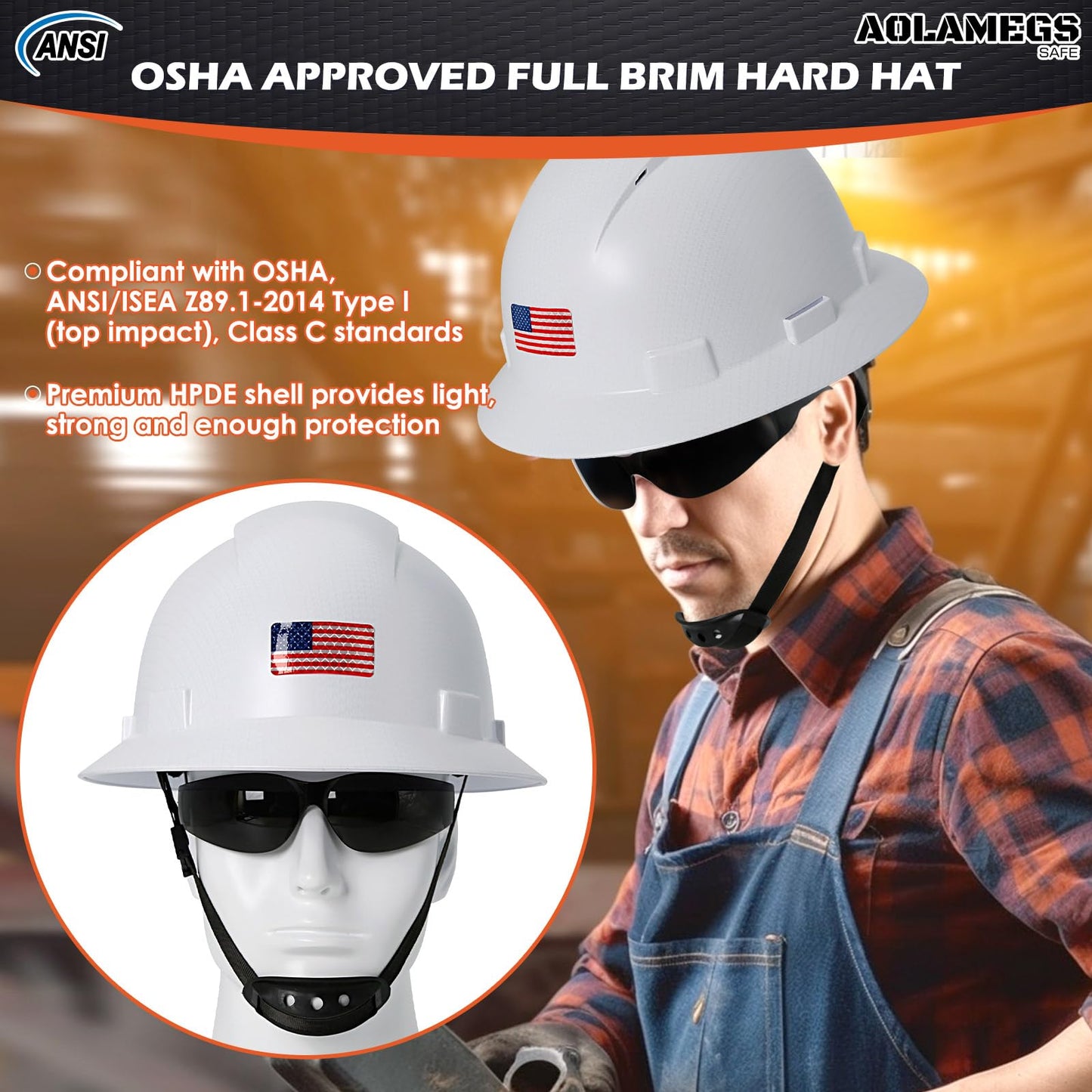 Aolamegs Safe Casco de ala Completa de Fibra de Carbono Blanco Mate con Gafas de Seguridad y Forro para Hombres y Mujeres, Aprobado por ANSI Z89.1, Seguridad con Correa de Barbilla y Visera Solar