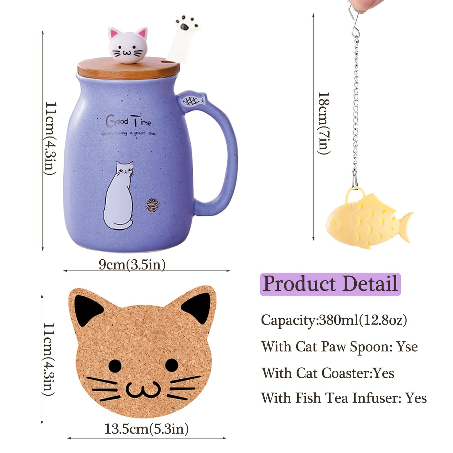 BigNoseDeer - Taza de té Kawaii con infusor y tapa, taza de café de cerámica para gatos morados, regalos de cumpleaños para mamá, regalos para mujeres, novias, niñas, amantes de los gatos (13 onzas)