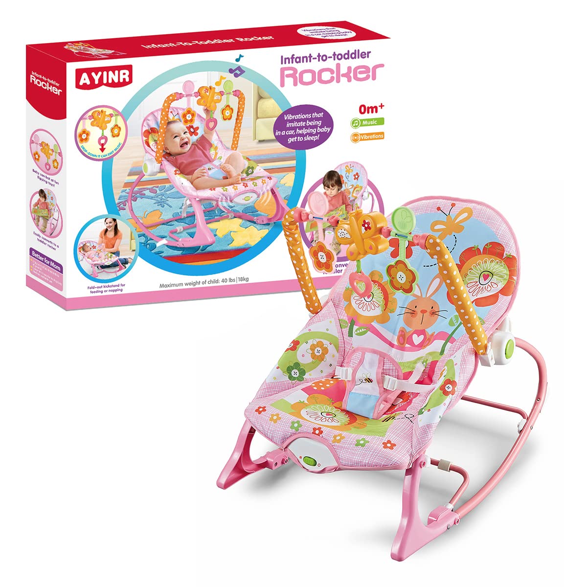 Silla Mecedora Musical Raganet Rosa con Barra de Juguetes Desmontable para Bebés y Niños