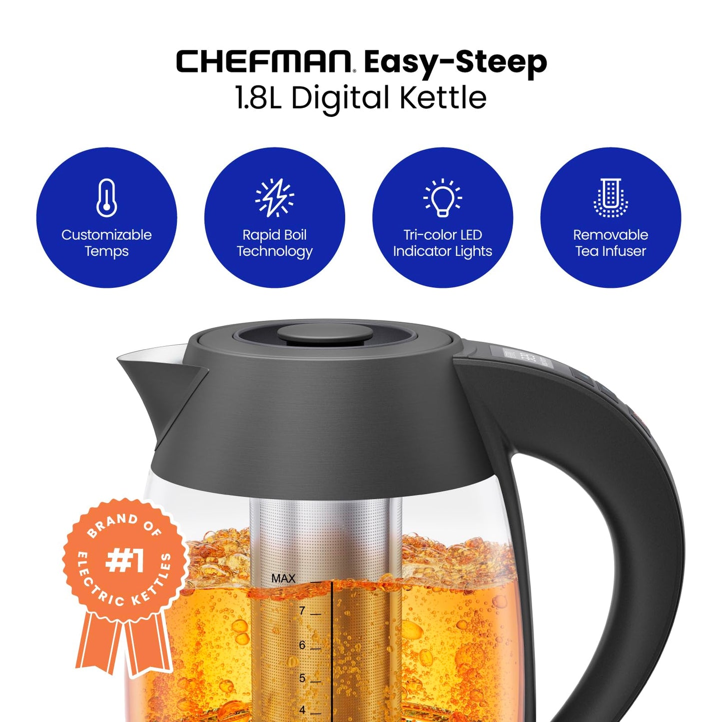 Chefman - Hervidor eléctrico digital con tecnología de ebullición rápida de 3 minutos, temporizador de empinada personalizado y preajustes de temperatura, infusor de té adicional, a prueba de óxido y