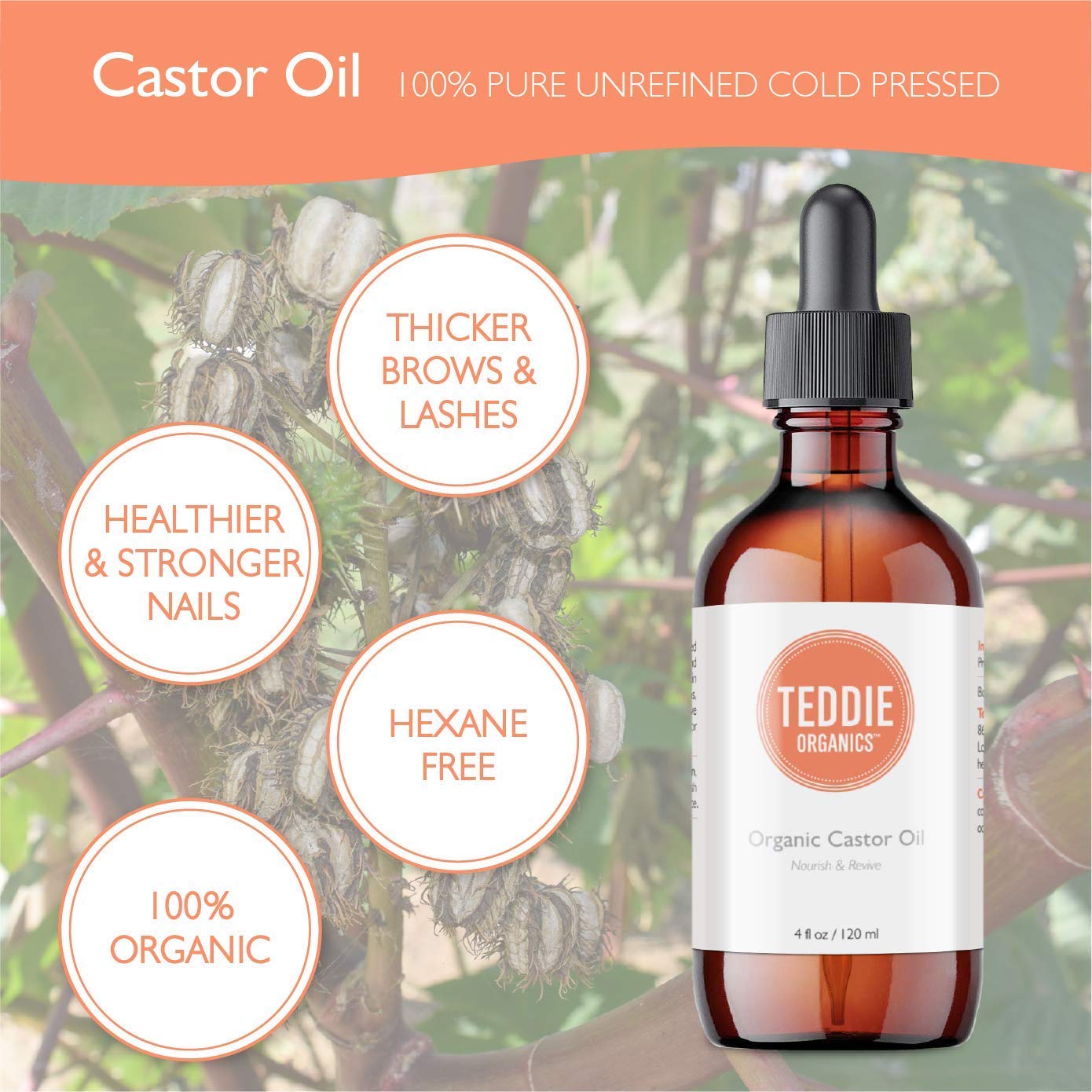 Aceite de Ricino Teddie Organics Orgánico Prensado en Frío 100% Puro 120 ml para Cabello Piel Pestañas y Cejas