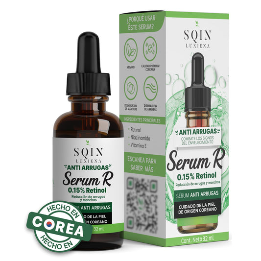 Sqin Luxiena Korean Serum Retinol 0.15%, Niacinamida y Vitamina E Facial. Suero Nocturno Antiarrugas + Anti Manchas. Serum de noche para signos de envejecimiento avanzados. 100% Skincare Coreano Vegano 32 ml.