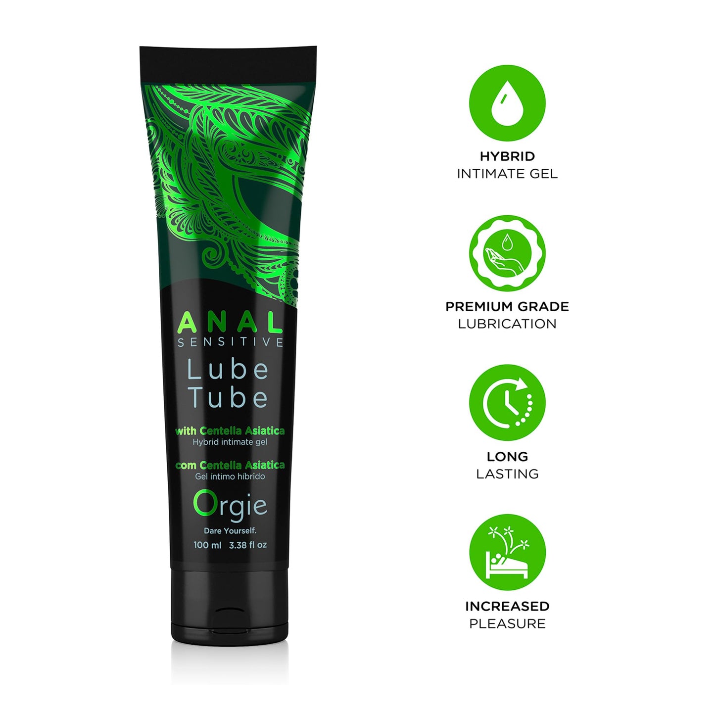 Lube Tube Anal Sensitive. Lubricante anal híbrido con base de agua y siliconas con activos cicatrizantes e hidratantes. Con ácido hialurónico 100 mL. Importado.