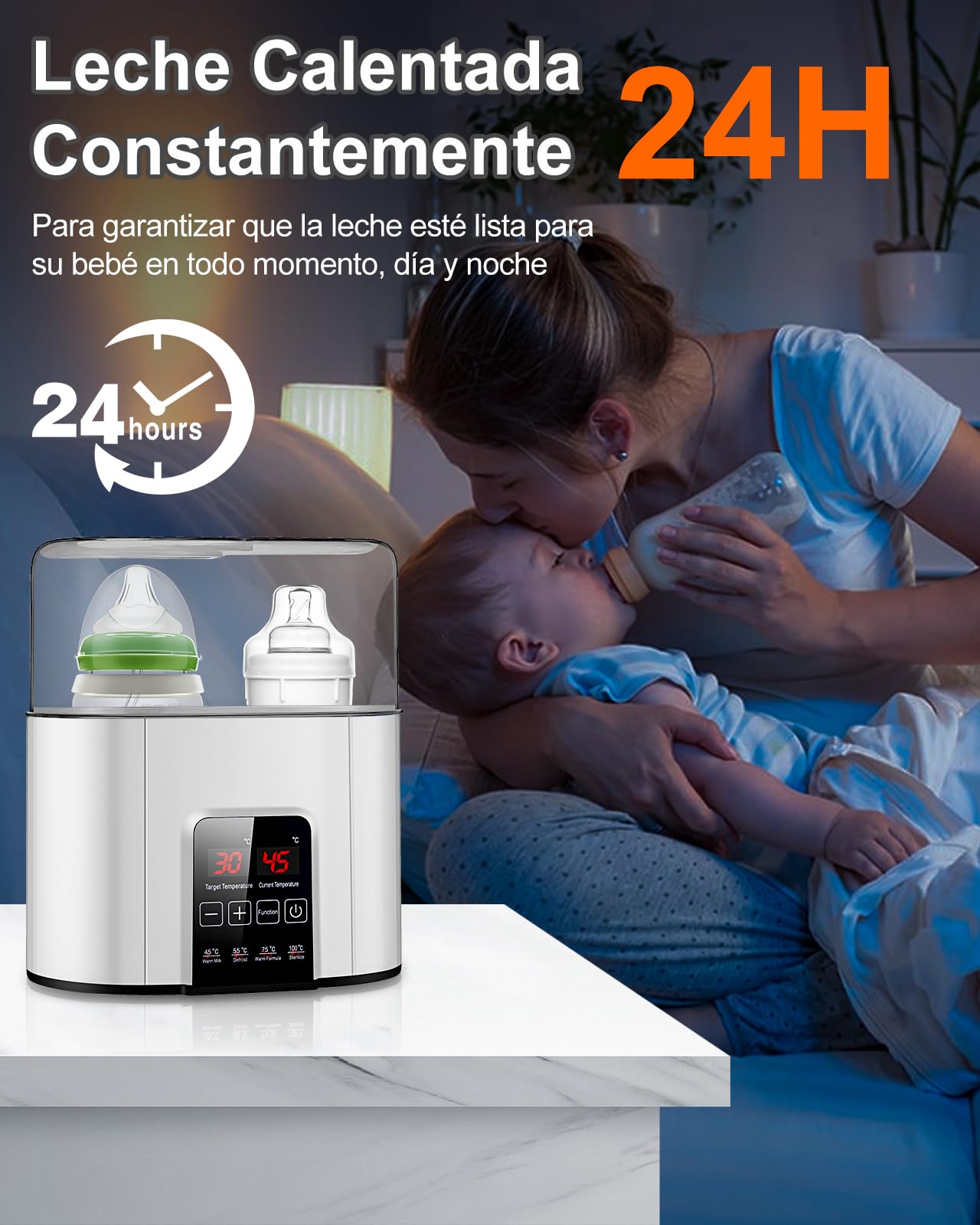 Calentador de Botellas, Calentador Rápido de Biberones para Leche Materna y Fórmula, Se Adapta a 2 Botellas, Control Preciso de Temperatura, Calentador de Leche con Descongelación, Esterilización, Mantenimiento del Calor, Calentador de Alimento de Bebé