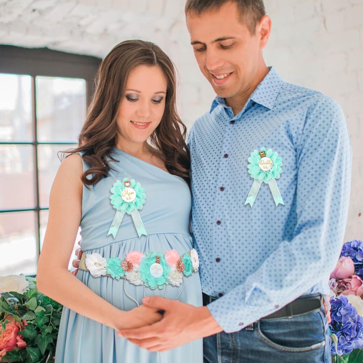 Set de banda y ramillete para revelación de género para maternidad y para ser mamá y papá Ramillete con tema de vegetación Decoraciones de baby shower Banda para la barriga en color agua Revelación de