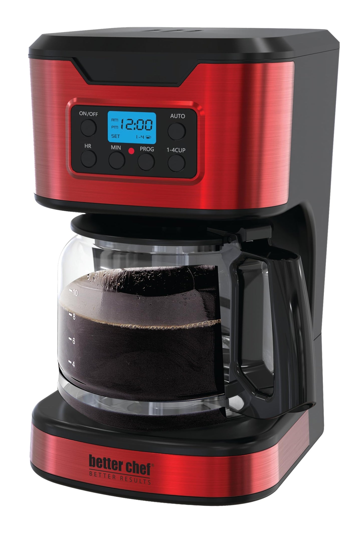 Better Chef - Cafetera programable de 12 tazas | Ajuste de 1 a 4 tazas | Pausa automática para servir | 2 horas Mantener caliente | Filtro permanente | Acero inoxidable