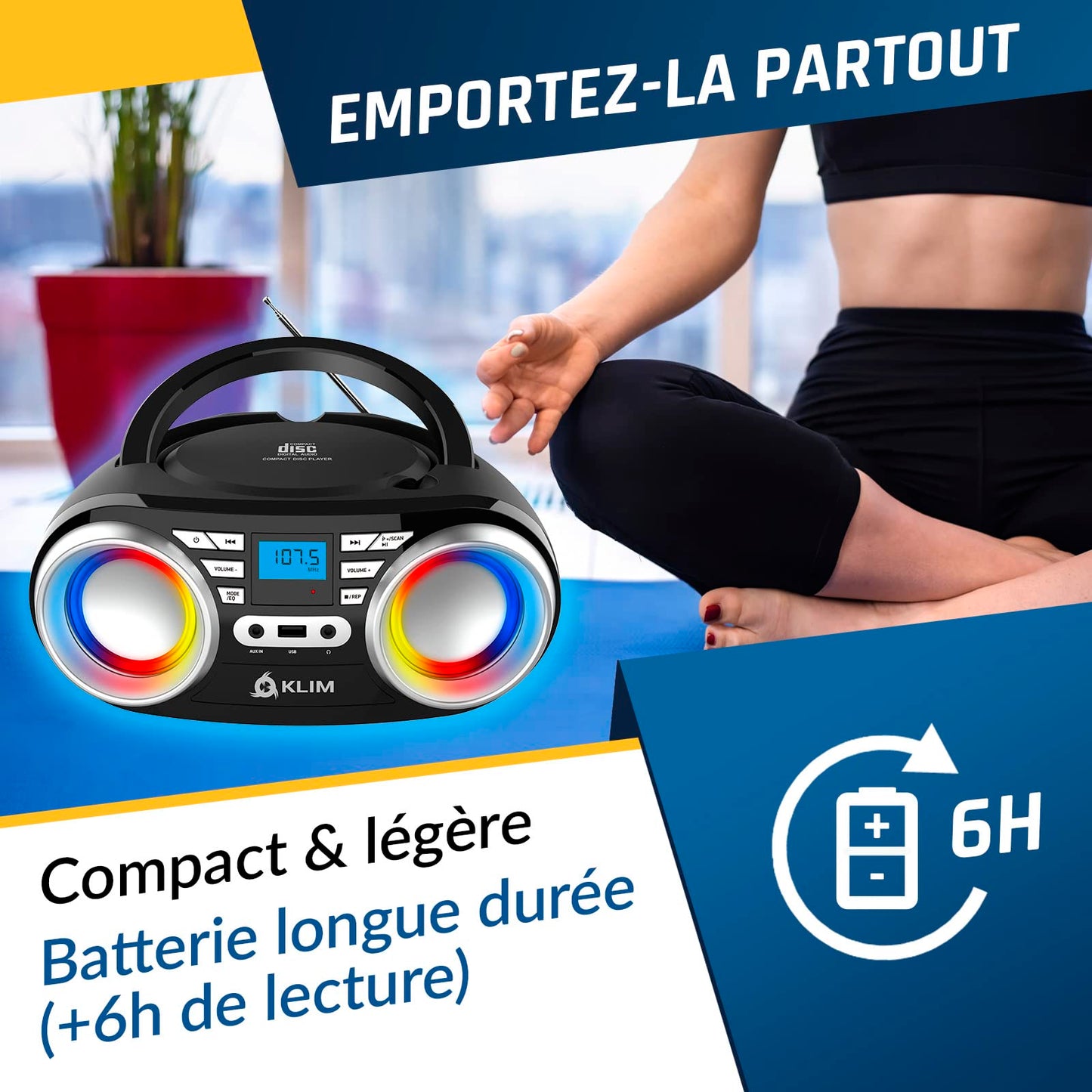 KLIM Boombox B3 - Reproductor de CD portátil con Radio FM y batería Recargable | Luces RGB | Bluetooth, MP3, AUX, Radio FM, CD, USB | Radio CD portátil con ecualización Digital | Nuevo