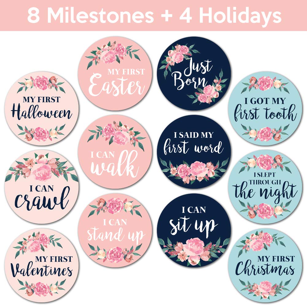 Pegatinas mensuales para bebé, juego de 24 unidades, calcomanías florales para bebé niña, perfectas para niñas recién nacidas, hitos de mes a mes, diseño floral rosa, azul marino y verde azulado