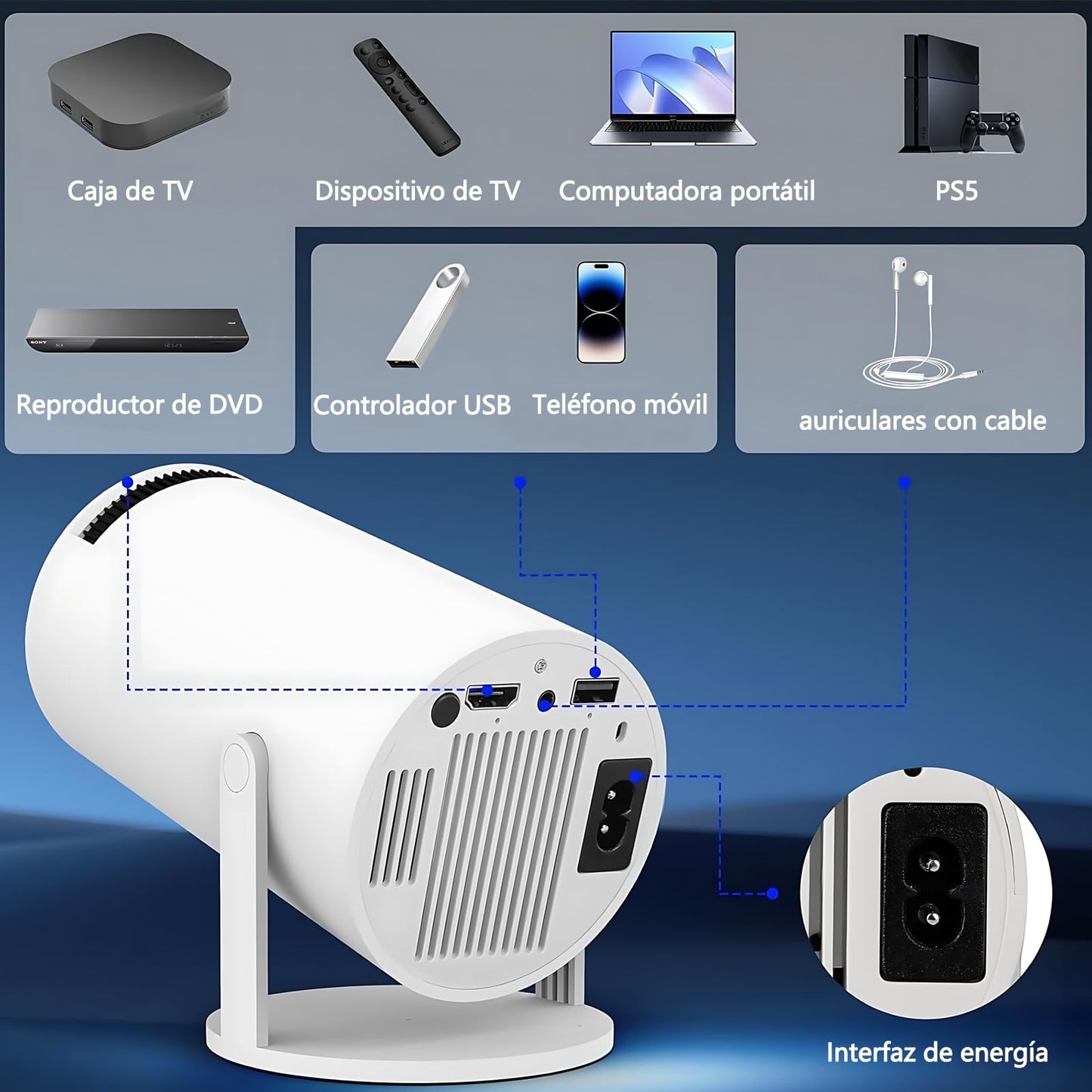 2025 Mini Proyector Portátil 4K/1080P,Proyector con 8000 Aplicaciones, Android 12 Soporte Multilenguaje Sistema,Pantalla de 130 Pulgadas,WiFi 6 Bluetooth 5.3, Giro de 180 Grados (2025 HY 300 Pro)