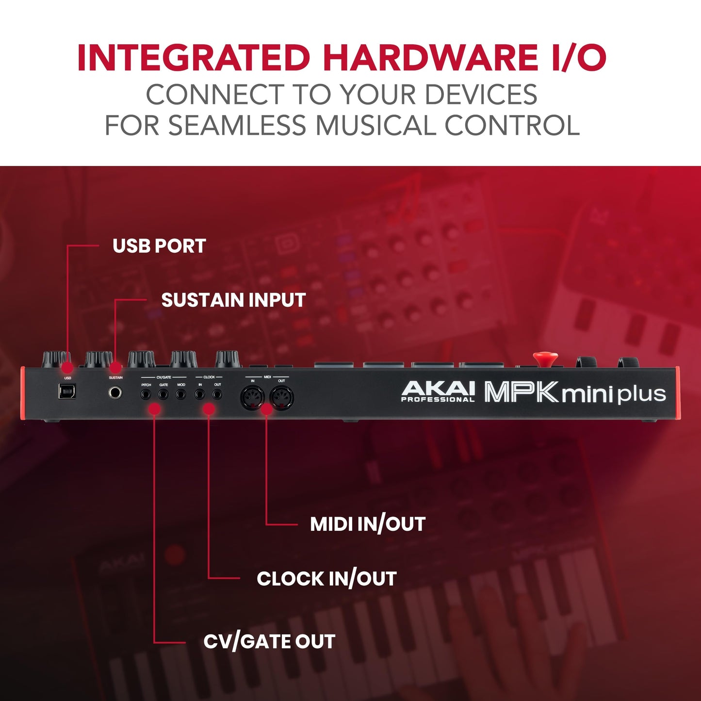 Akai Professional MPK Mini Plus - Teclado Controlador MIDI USB de 37 Mini Teclas con 8 Pads MPC, Secuenciador, MIDI/CV/Gate I/O, Software de Producción y Native Instruments Sound Package